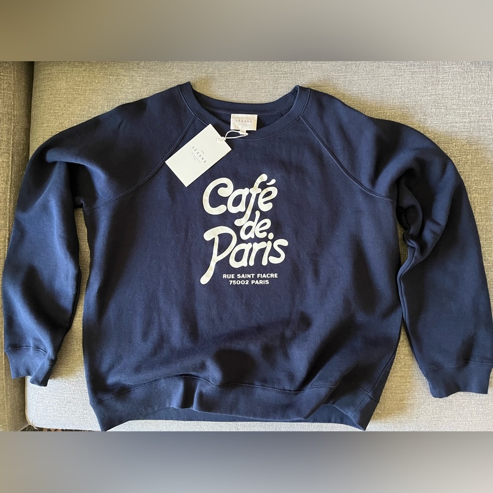Sezane Café De Paris Sweatshirt Navy / Ecru - Size XL